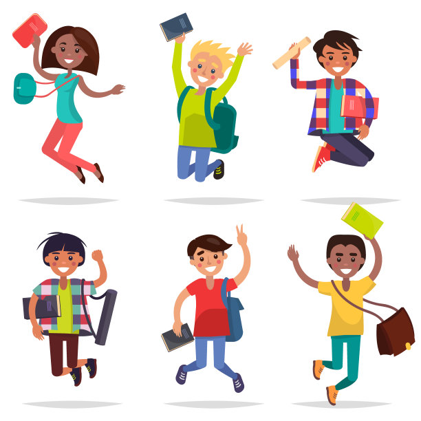 兴奋的小学生女孩和男孩跳楼设计图片下载