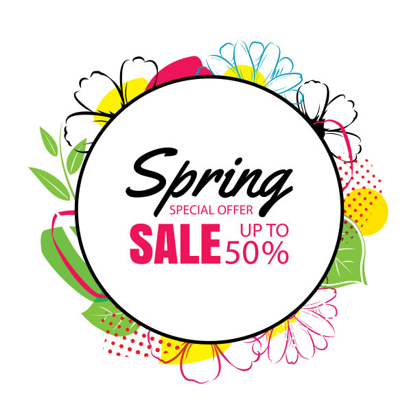 春季促销海报模板与彩色的花朵背景。可使用代金券、墙纸、传单、邀请函、宣传册、优惠券等优惠。图片下载