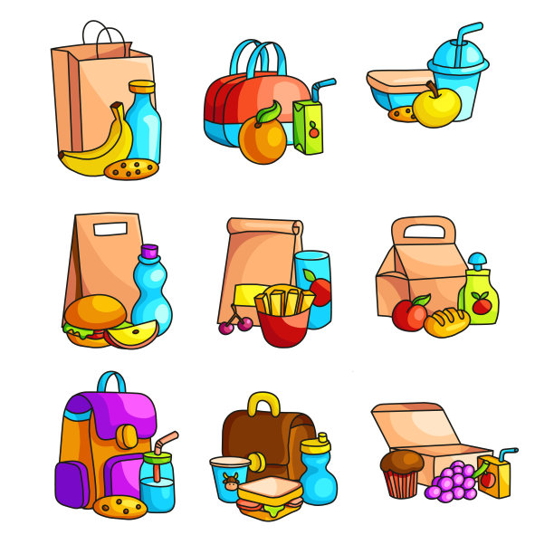 新鲜的学校早餐设置孤立的白色背景图片下载