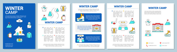 冬季，雪山度假村宣传册模板布局。传单，小册子，单张印刷设计与线性插图。矢量页面布局杂志，年度报告，广告海报图片下载