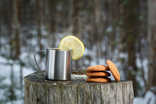 在一个老树桩上放着一个热水瓶，里面放着美味的茶、柠檬和饼干。图片下载