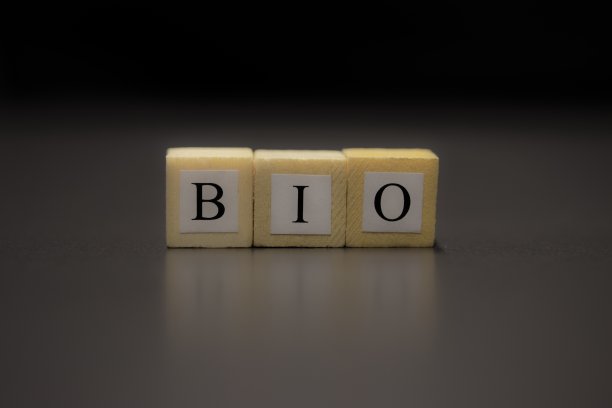 “BIO”这个词写在孤立在黑色背景上的木方上……图片下载