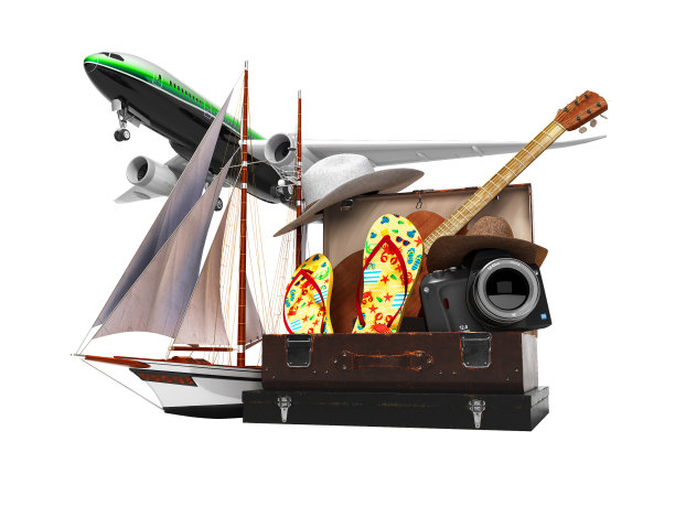 概念夏季出国旅行在船上或游艇上手提箱的东西休息3d渲染在白色背景上没有阴影图片下载