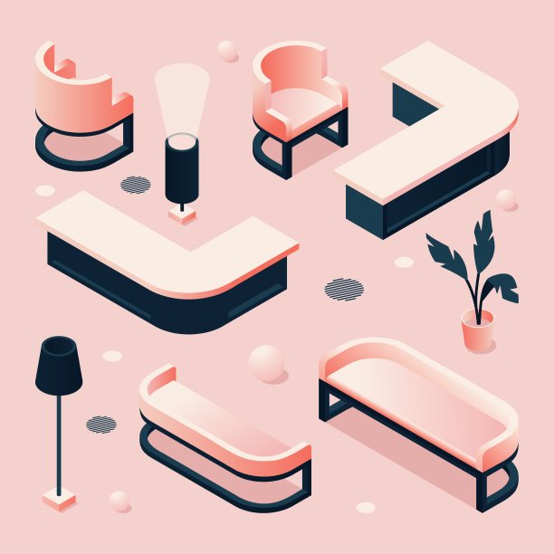 淡色等距大堂家具系列。3d椅子，接待桌，沙发和粉色和光线梯度的照明元素图片下载