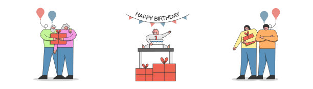 生日派对庆祝概念与蛋糕和装饰。人们庆祝婴儿的一岁生日，给孩子带来和赠送礼物。一套卡通轮廓线平面矢量插图图片下载