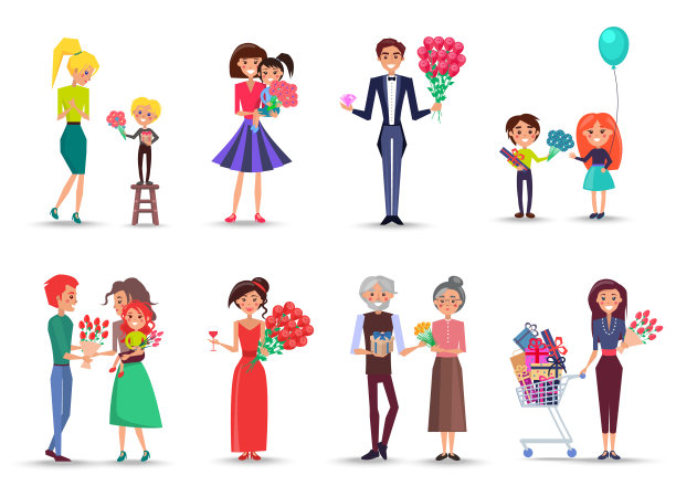人们带着花束和礼物庆祝节日图片下载