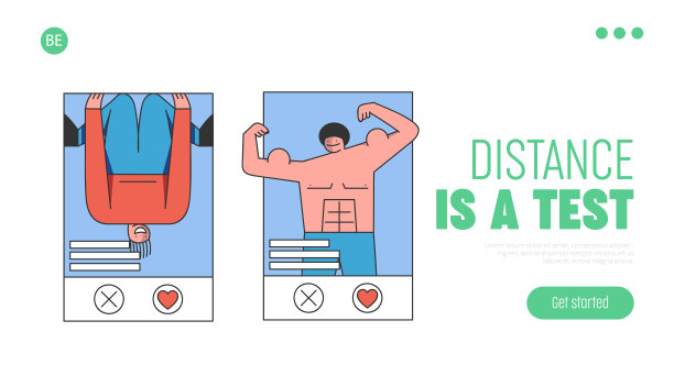 社交媒体和移动信使网站登陆页概念。两个青少年在社交媒体应用中摆出不同姿势的照片。网页卡通轮廓线平面矢量插图图片下载