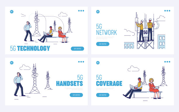 5G无线技术概念。网站登录页面。人们使用5G高速现代无线互联网进行通信和工作。一套网页卡通线性轮廓平面矢量插图图片下载