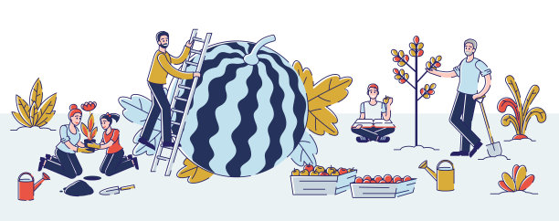 收集收获的概念。一群男人和女人在农场一起工作，种植鲜花和树木，在花园里采摘水果。卡通线性轮廓平面矢量插图图片下载