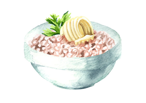奶油荞麦粥和欧芹叶，在一个白色的盘子。手绘水彩插图孤立的白色背景图片下载