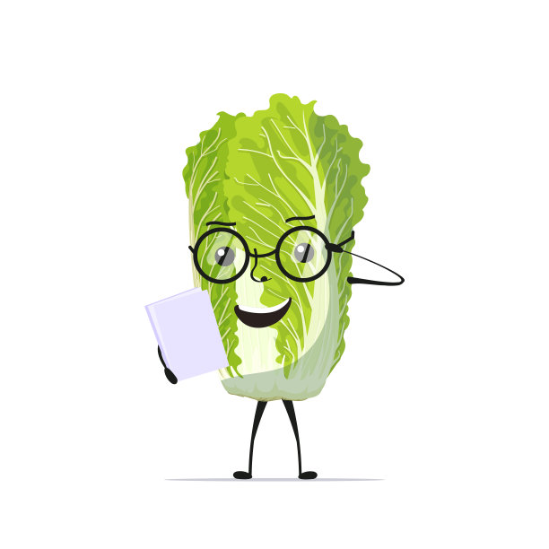 可爱新鲜的绿色白菜文字眼镜阅读书籍美味吉祥物蔬菜人士健康食品理念图片下载