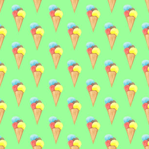 手绘水彩冰淇淋无缝模式上的绿色背景。五颜六色的冷冻甜点在锥形无尽的打印。香草，巧克力，草莓口味的新鲜零食墙纸。图片下载