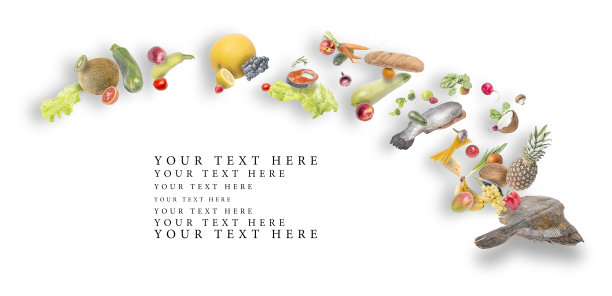 水果，蔬菜和鱼在白色的背景。图片下载