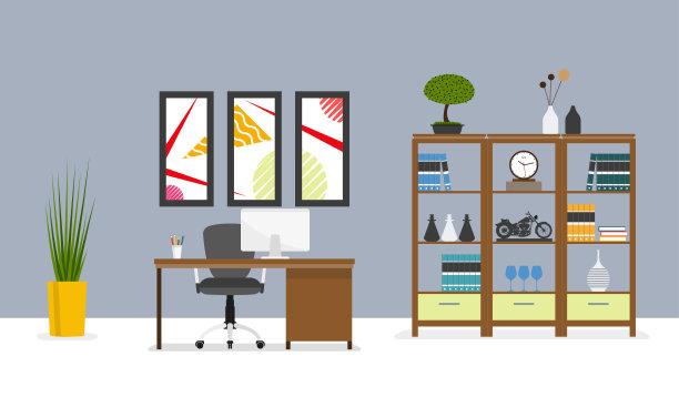 办公室室内空间。现代商务办公场所有书桌或桌子，椅子，书柜，电脑，墙上挂着图片。矢量插图。图片下载