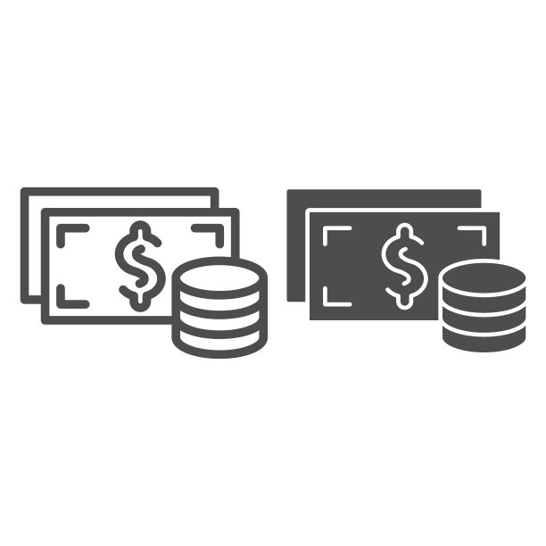 钞票和硬币堆叠线条和立体图标。财富概念与美元现金符号，轮廓风格象形文字上的白色背景。手机概念和网页设计的金钱标志。矢量图形。图片下载