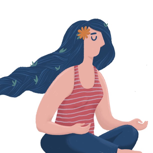 风格化半转肖像的女人坐在sakhasana姿势和冥想，她的长发飘逸，平面风格栅格插图孤立在白色的背景。年轻女子冥想图片下载