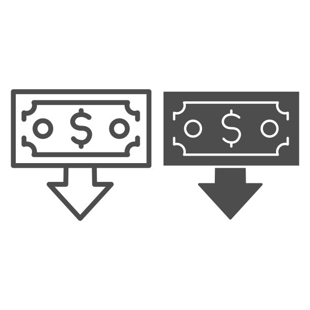 钞票有箭头向下的线和固体图标。金融危机，花钱符号，白色背景上轮廓风格象形文字。移动概念和网页设计的美元符号。矢量图形。图片下载