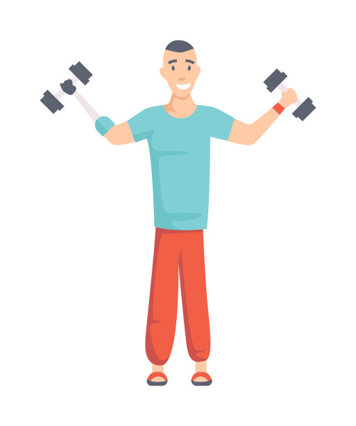 戴假肢的运动员举起哑铃。主动截肢人训练。残障人物与断肢康复、康复训练。卡通平面矢量插图图片下载
