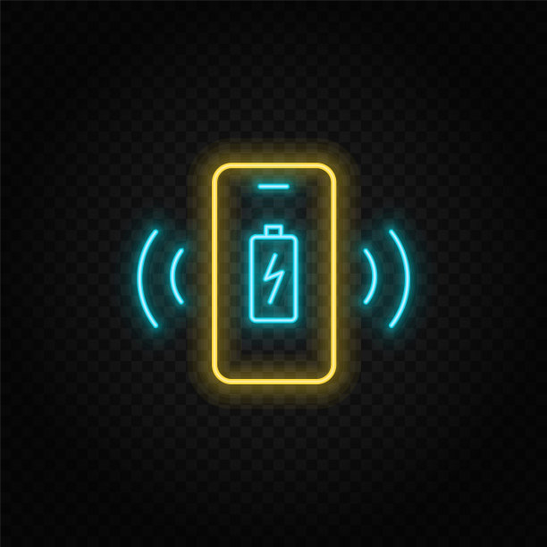 手机，充电器，注意霓虹灯矢量图标。蓝色和黄色霓虹灯矢量图标。图片下载