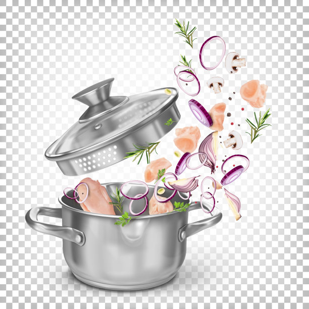 一盘鸡肉、洋葱和蔬菜在汤锅里煮。汤、炖菜的原料。向量3 d演示。健康食品，烹饪食谱图片下载
