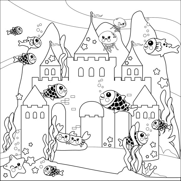美丽的水下城堡和海洋动物。矢量黑白着色页图片下载