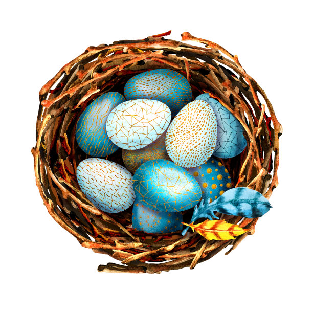 带有鸟窝图案的彩色蛋。春天和复活节的象征。手水彩插图孤立的白色背景。设计节日产品、印刷品、明信片、贺词。图片下载