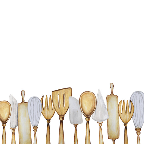 手绘木质厨房配件框架烘烤水彩插图在白色背景与复制空间。它的烹饪时间。烘焙工具。勺子，抹刀，叉子，擀面棍，刀图片下载