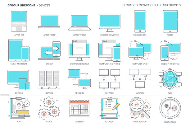设备相关，颜色线，矢量图标，插图集图片下载