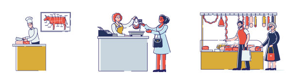 屠宰车间概念。人们选择和购买肉类和肉类制品。卖家提供新鲜的各种类型的产品。一套卡通线性轮廓平面矢量插图图片下载
