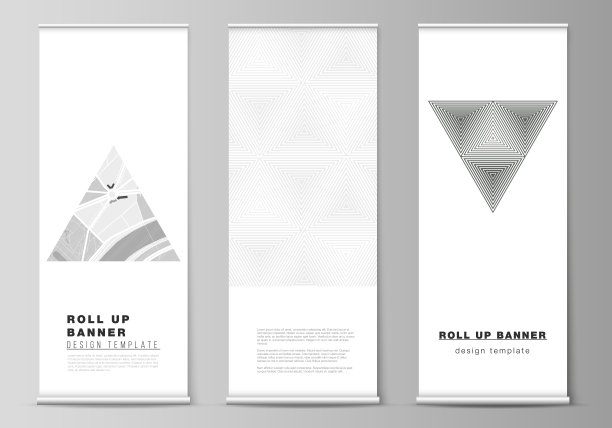 矢量插图布局的滚动旗帜站，垂直传单，旗帜设计业务模板。抽象几何三角形设计背景采用不同的三角形风格图案。图片下载