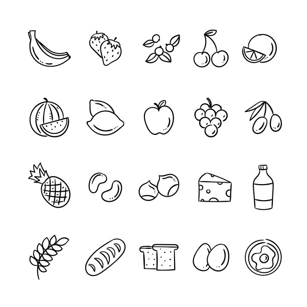 水果、乳制品和面包房产品的图标。矢量图标设置健康的食物图片下载