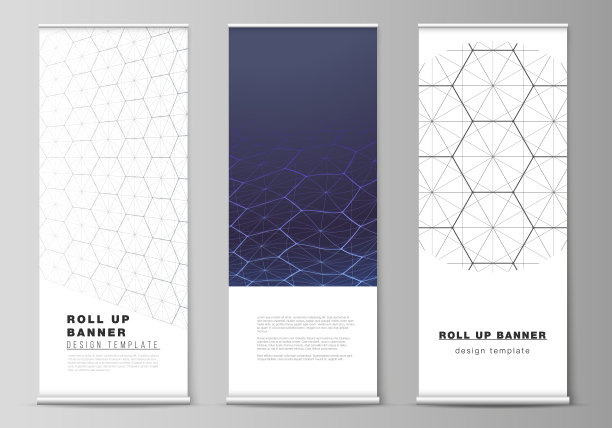 矢量布局的滚动旗帜站，垂直传单，旗帜设计业务模板。数字技术与大数据概念具有六边形，点线相连，科学医学背景。图片下载