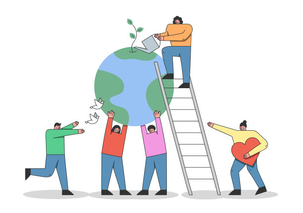 地球日的概念保护环境。卡通人物庆祝地球日。男人和女人表现出对自然的爱。卡通线性轮廓平面矢量插图图片下载