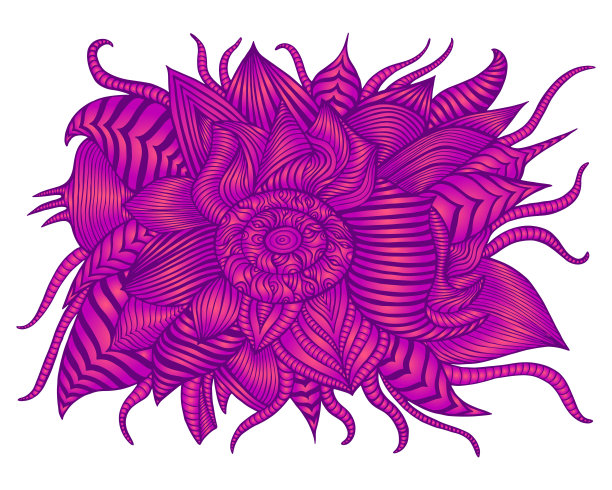 复古迷幻异型花，明亮的紫粉色渐变颜色孤立在白色背景上。超现实的时尚卡片与奇妙的花。矢量手绘彩色插图。图片下载