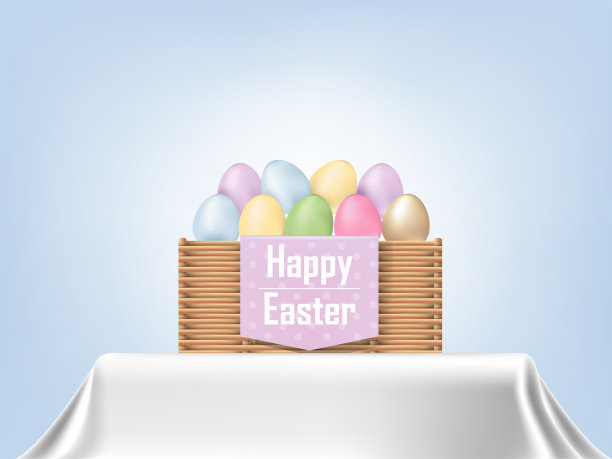 五彩缤纷的复活节彩蛋放在篮子里的桌布上，平面设计理念复活节快乐素材图片