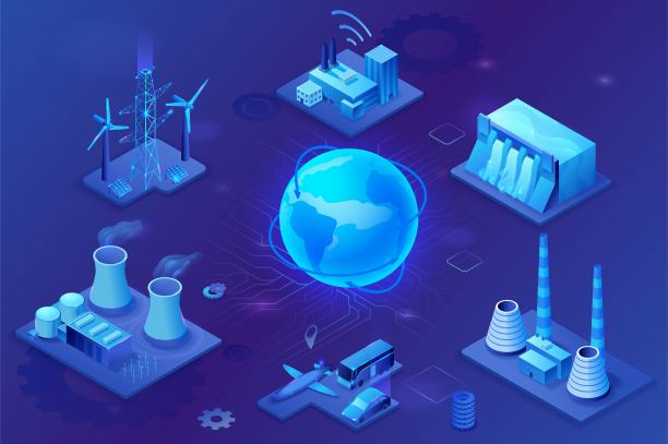 智能电网三维等距信息图，蓝色霓虹灯概念与太阳能板和电杆，核电站和火电厂，水电站，运输系统，全球三维等距图标，图片下载