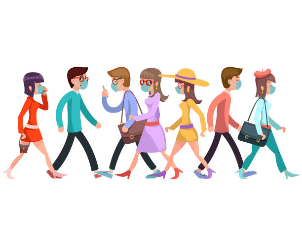 病毒危害医用口罩防护人群行走卡通人物行走平面设计设计矢量插图图片下载