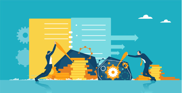 商人推动杠杆臂和制造机构与齿轮工作。业务概念说明图片下载
