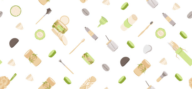 零废物向量无缝模式，极简主义风格，可重复利用和回收零废物产品-垫，盒，炭牙刷，天然肥皂等。环保可重复的模式。图片下载