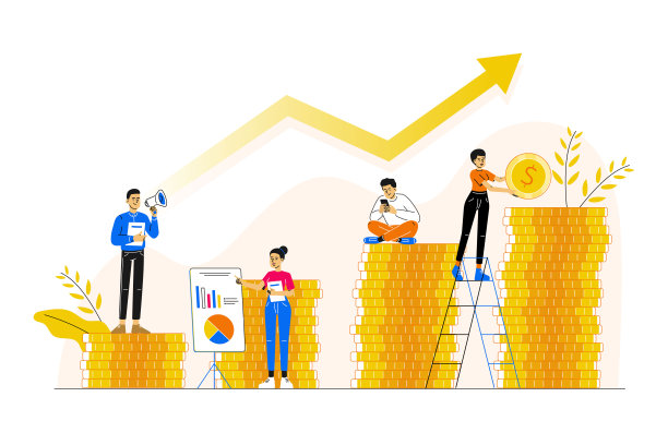 经营理念。货币增长。投资管理。业务分析。团队的比喻。事业成长走向成功。人们一起工作。使利润。向量人物插图。图片下载