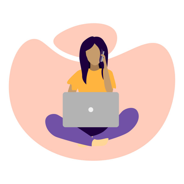 坐在地板上用笔记本电脑在社交网络上工作的女孩。同时打电话。商业女性、自由职业者的概念素材图片