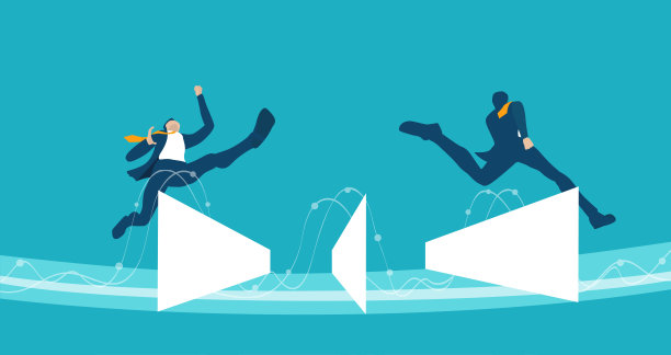 商人们在障碍上跳来跳去，相互竞争，努力达到目标。业务概念说明。素材图片