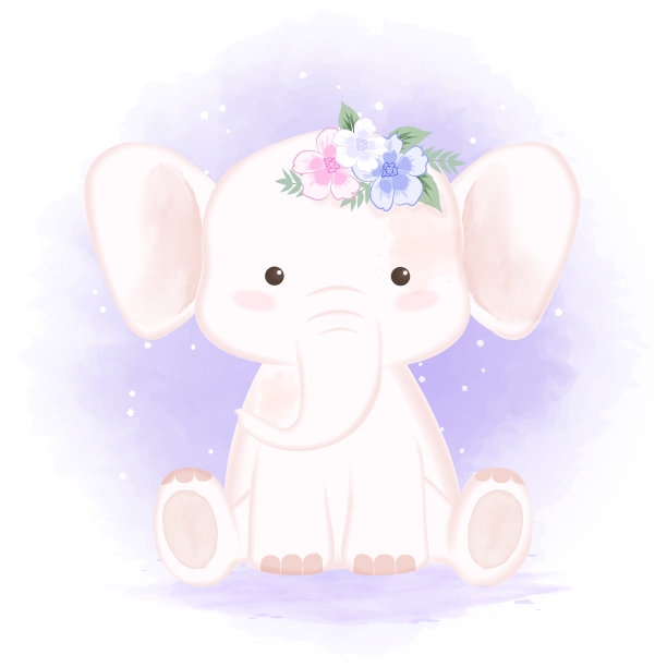 可爱的小象和花束手绘卡通水彩插图图片下载
