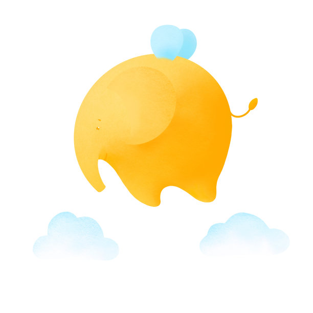 长着翅膀的黄色大象在云中飞翔。白色背景上可爱的大象。图片下载