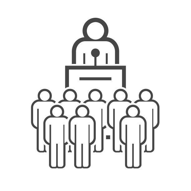 从论坛上发表演说的人。公众演说家。人群，选民，观众。矢量线图标隔离在白色上图片下载