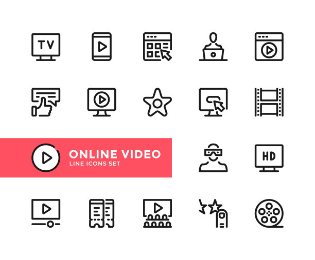 在线视频矢量线图标。简单的一套轮廓符号，线性笔触图形设计元素。在线视频图标集。像素完美图片下载