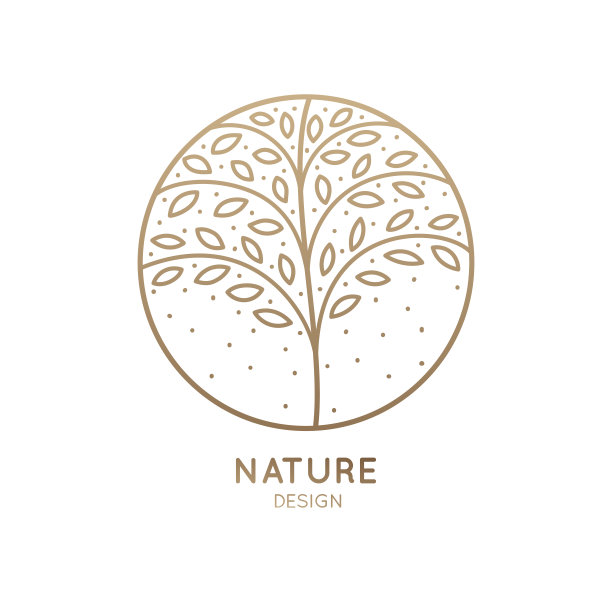 植物元素矢量标志。叶子呈圆形的抽象树。线性圆形标志用于设计天然产品，花卉商店，化妆品和生态概念，健康，水疗和瑜伽中心。图片下载