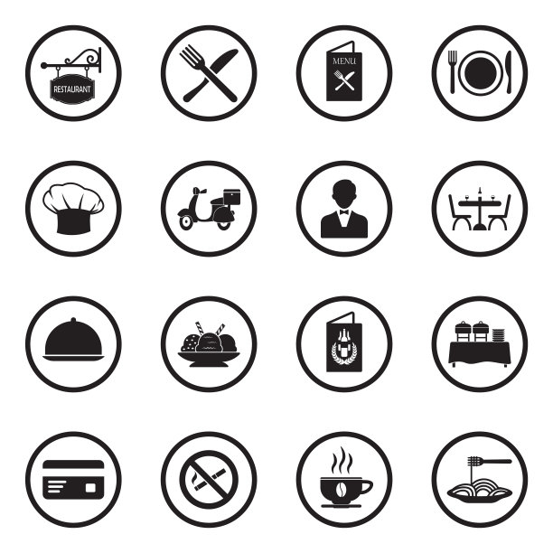餐厅图标。组2。圆形的黑色平面设计。矢量插图。图片下载