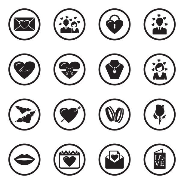 爱的图标。组2。圆形的黑色平面设计。矢量插图。图片下载