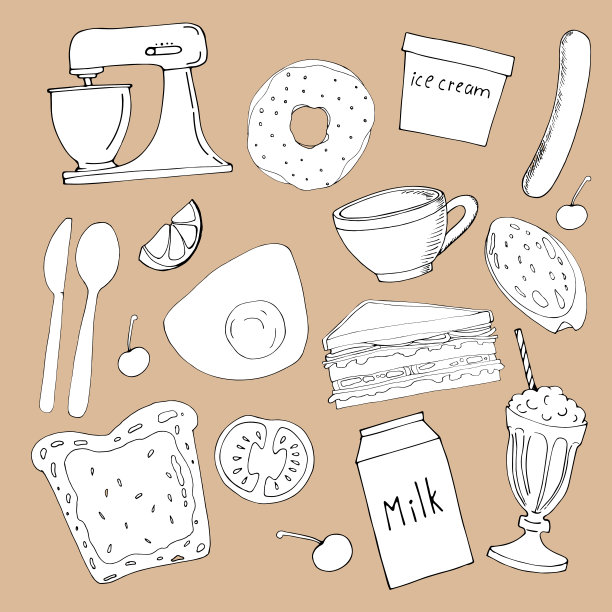 一套孤立的黑白元素，食物的概念。图片下载